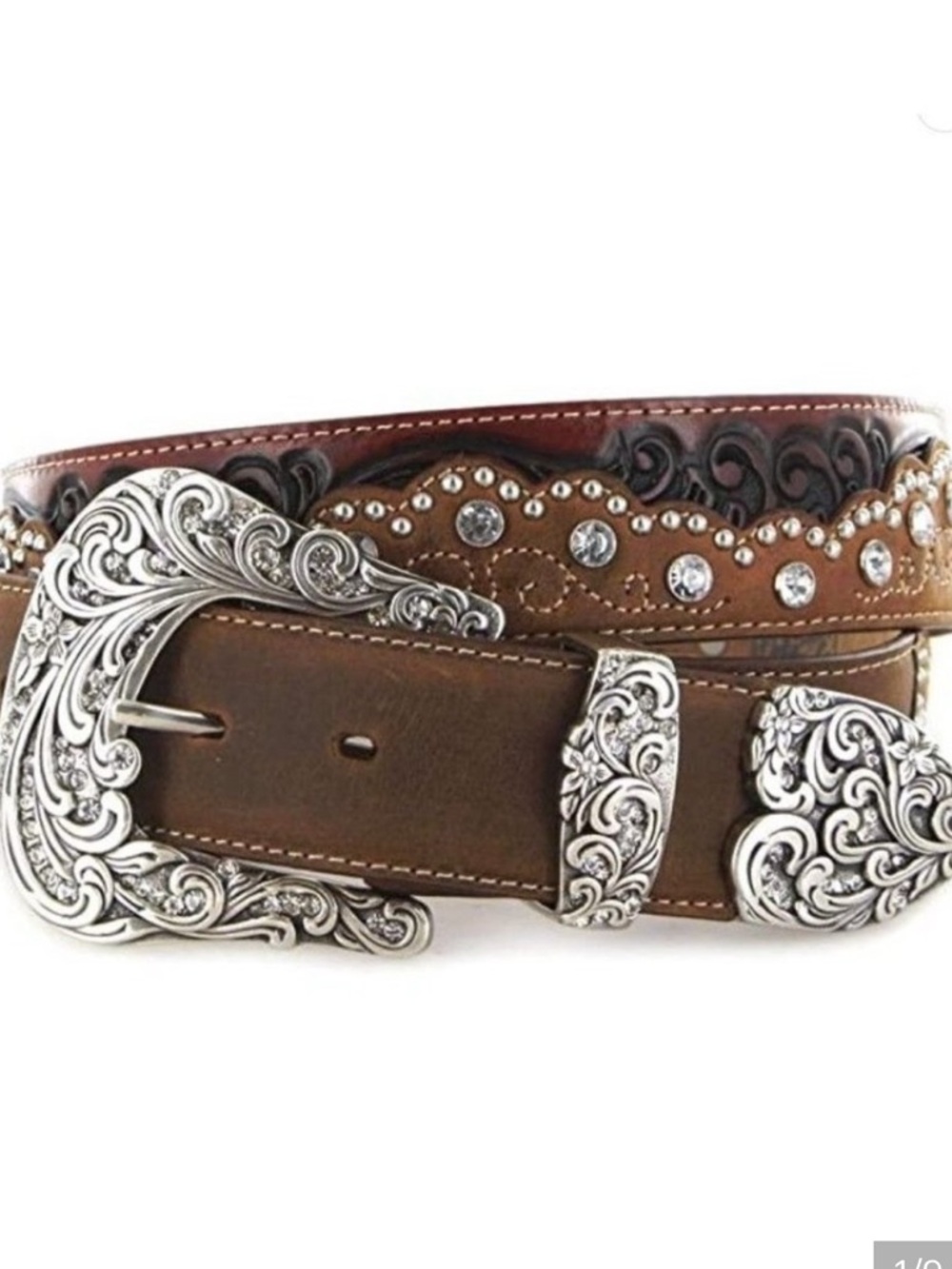 Tony Lama Kaitlyn Crystal Leather Western Brown Silver Festival Boho Belt Sz 32